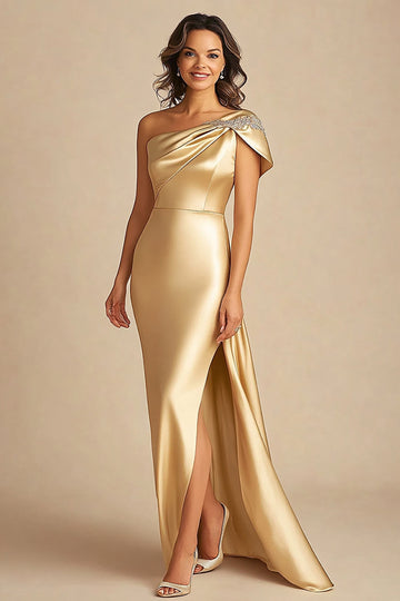 Gold One Shoulder Satin Sheath Long Mother Of Bride Dress
